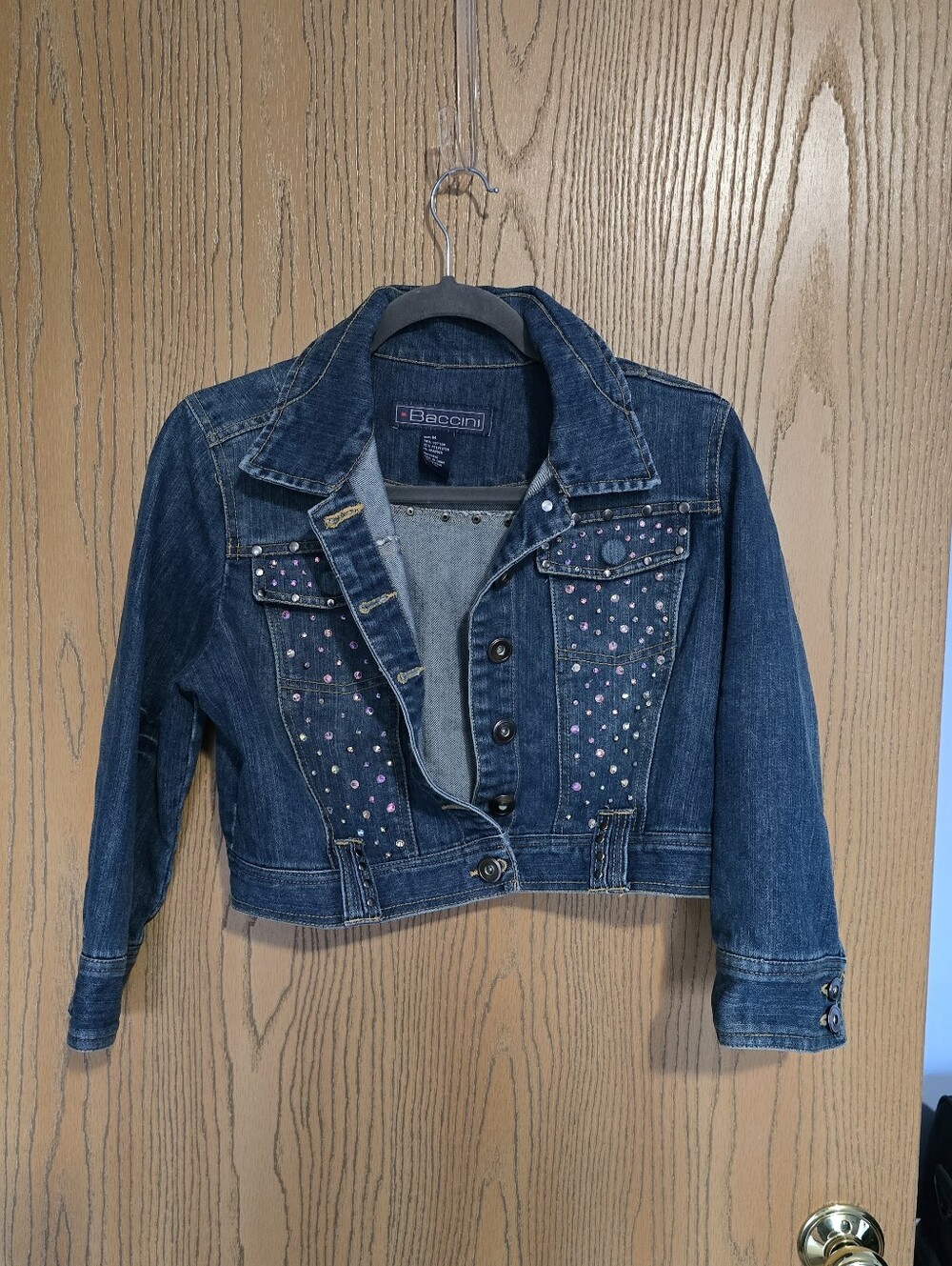 Baccini Blue Denim Cropped Jacket with Pink & Silver Studs